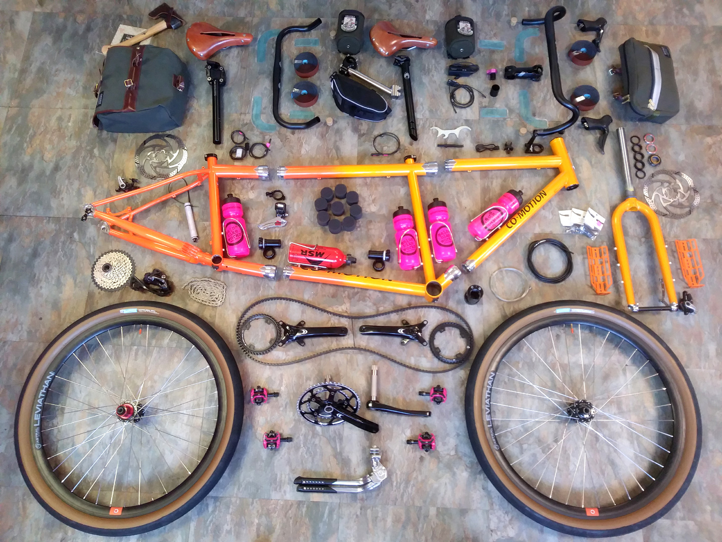 all the parts of a Co-Motion Java tandem before building up into a complete bike
